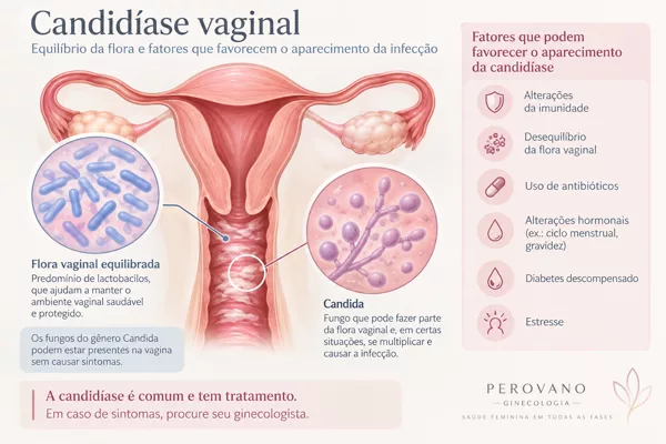 Ilustração médica educativa sobre candidíase vaginal e equilíbrio da flora vaginal