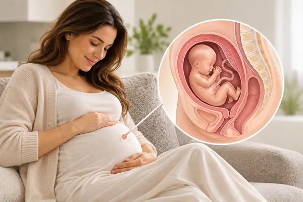 Ilustração médica de gestante no segundo trimestre com representação do bebê no útero