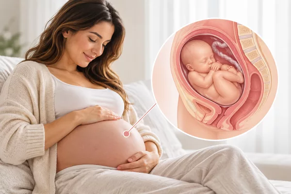 Ilustração médica de gestante no terceiro trimestre com representação do bebê no útero