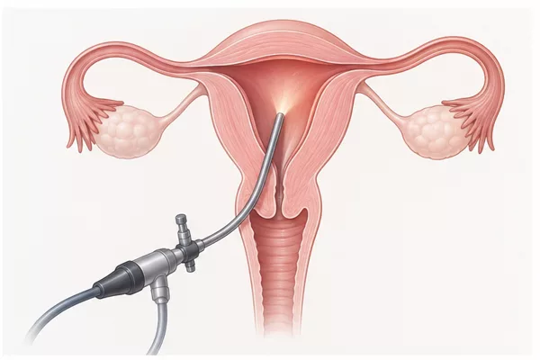 Ilustração do histeroscópio passando pelo colo do útero até a cavidade uterina